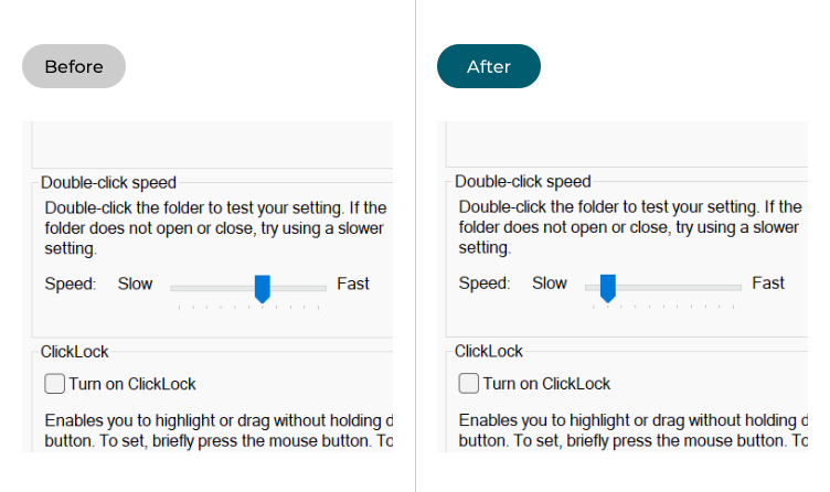 The Double-click speed settings in Windows 11, before and after adjustment